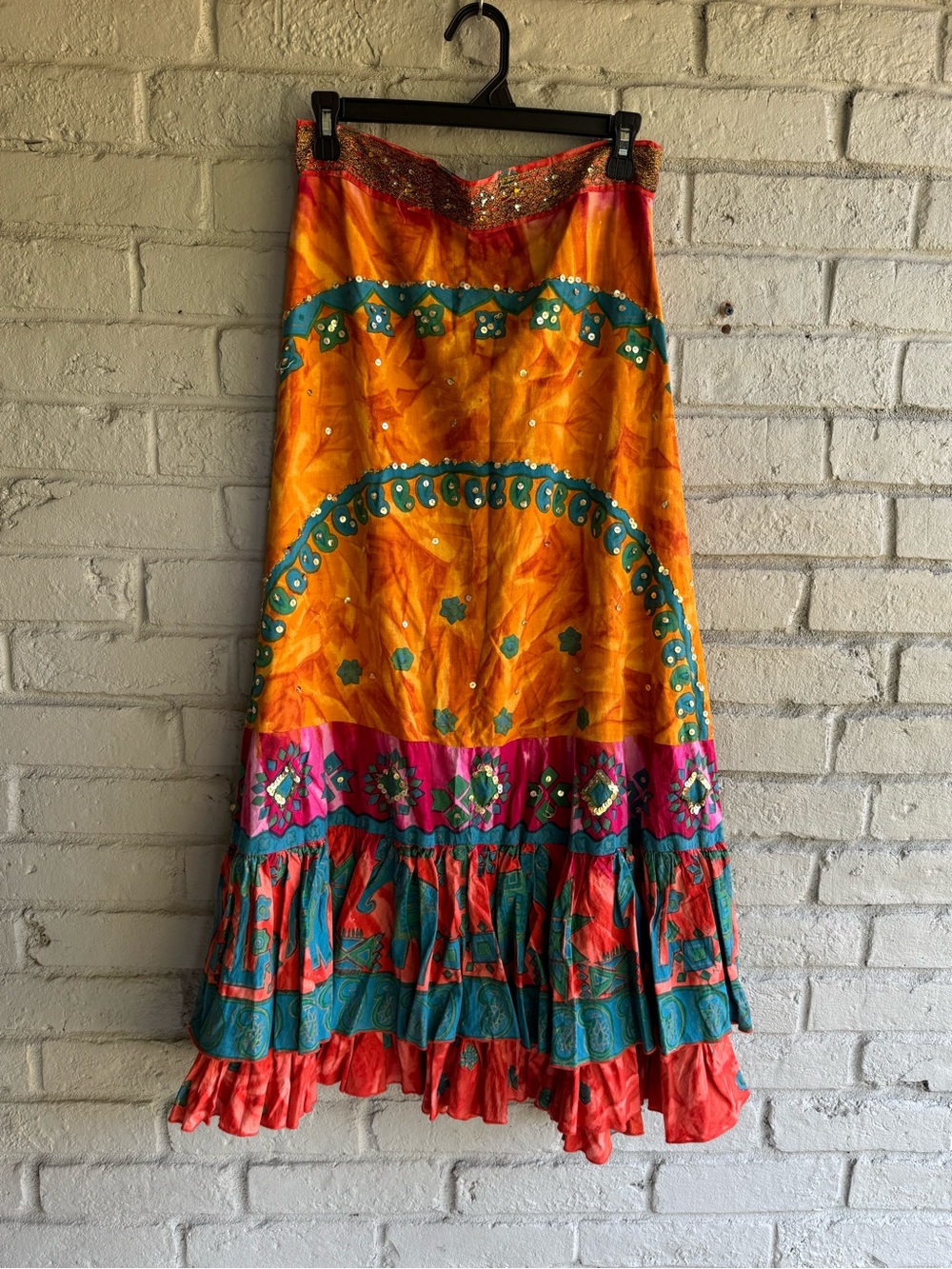 VENUS Multi Color Tiered Maxi Skirt w/Gold Trim Sz S Boho Resort Island Beach